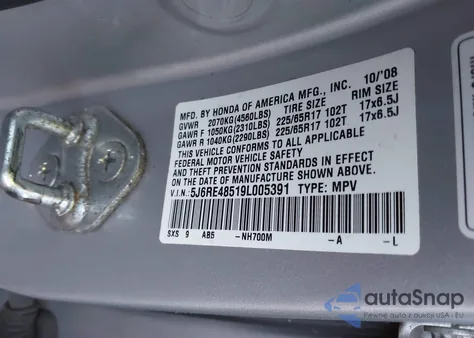 2009 Honda Cr-V Ex z USA, uszkodzony, nr VIN 5J6RE48519L005391